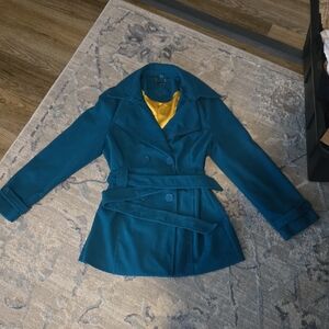 Jou Jou Teal Double-Breasted Belted Trench Coat
